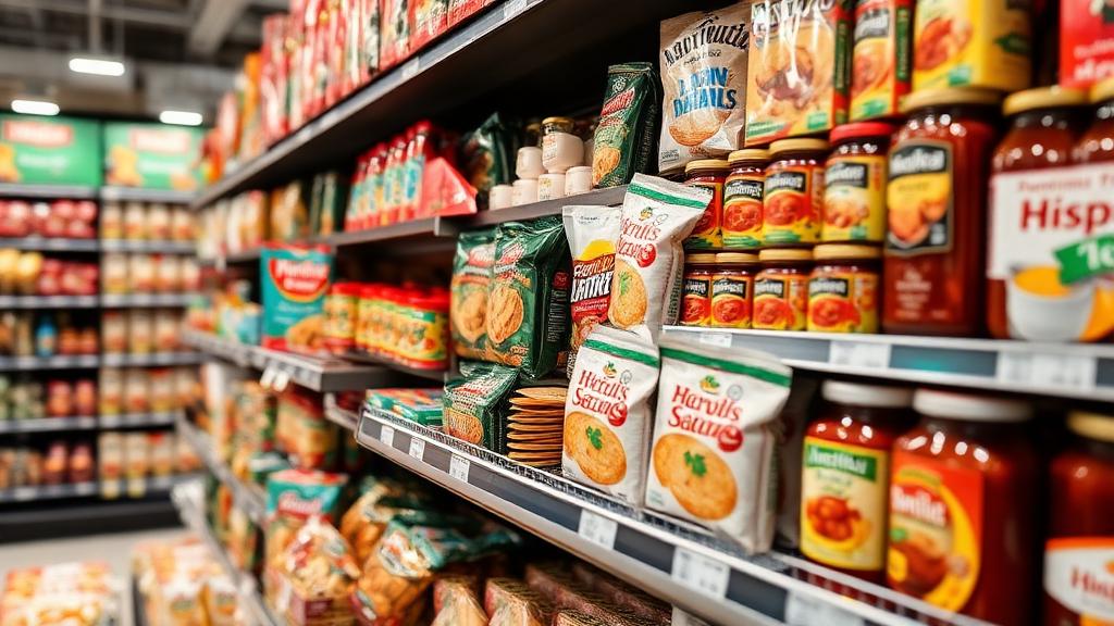Productos alimenticios hispanos en estante de supermercado